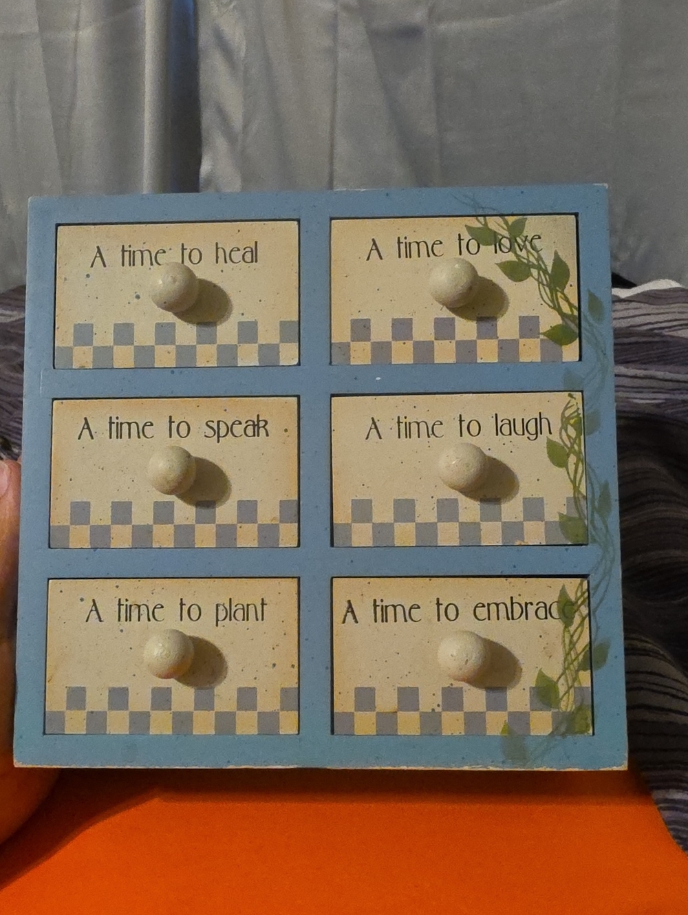 Vintage Inspirational Six Mini Drawer Decor in Blue and Cream Checkers